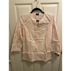 New Untuckit Women's 4 Coral Pink White Striped 3/4 Sleeve Button Down Shirt